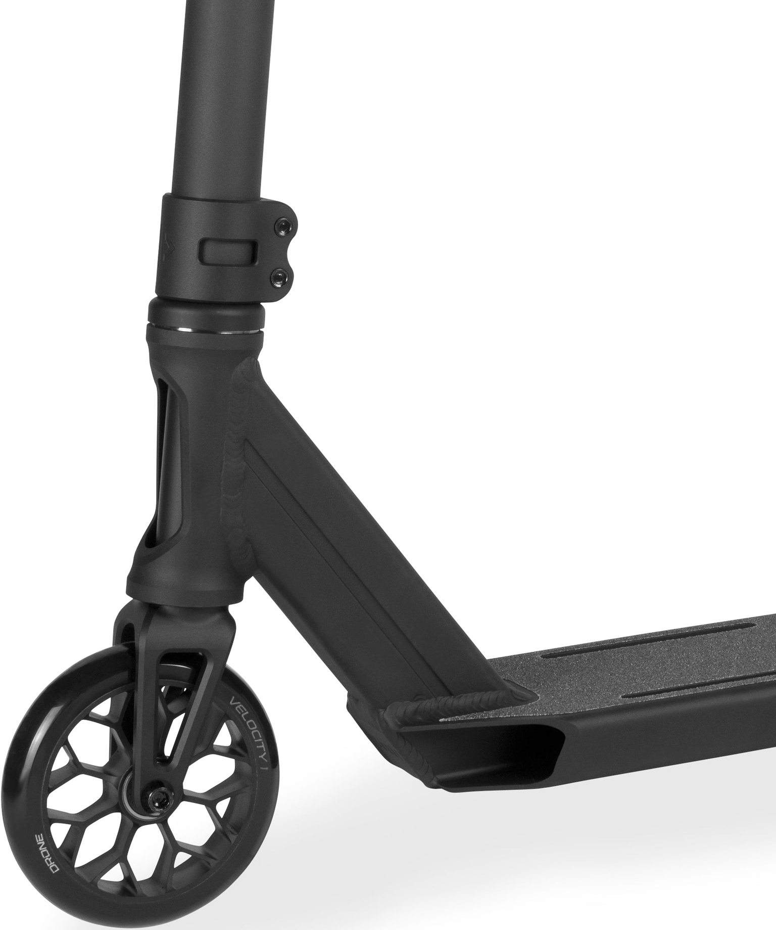 Close-up of the front section of a black Drone Element 2 Evo Complete Stunt Scooter, showing the headtube, fork, and a spoked wheel.