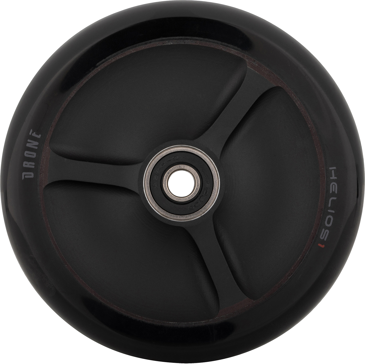 Drone Helios 1 110mm Stunt Scooter Wheel in black, featuring a three-spoke hollow core design and a central bearing.