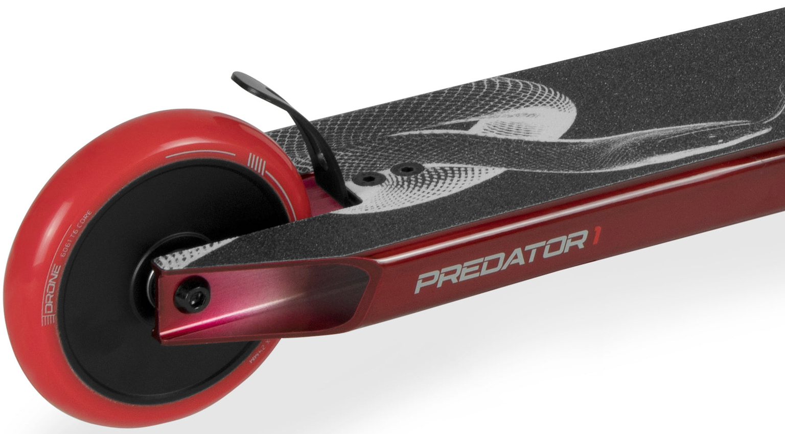 Close-up of a red and black Drone Predator 1 Complete Stunt Scooter, focusing on the rear red wheel, brake, and the deck featuring a snake graphic.