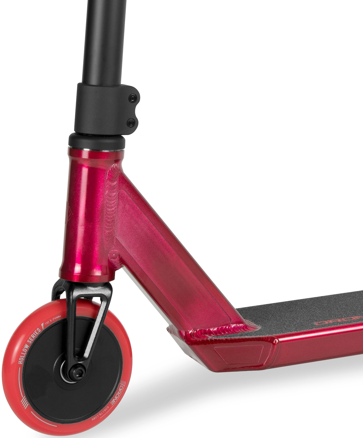Close-up of a red and black Drone Predator 1 Complete Stunt Scooter deck, front wheel, fork, and handlebar.