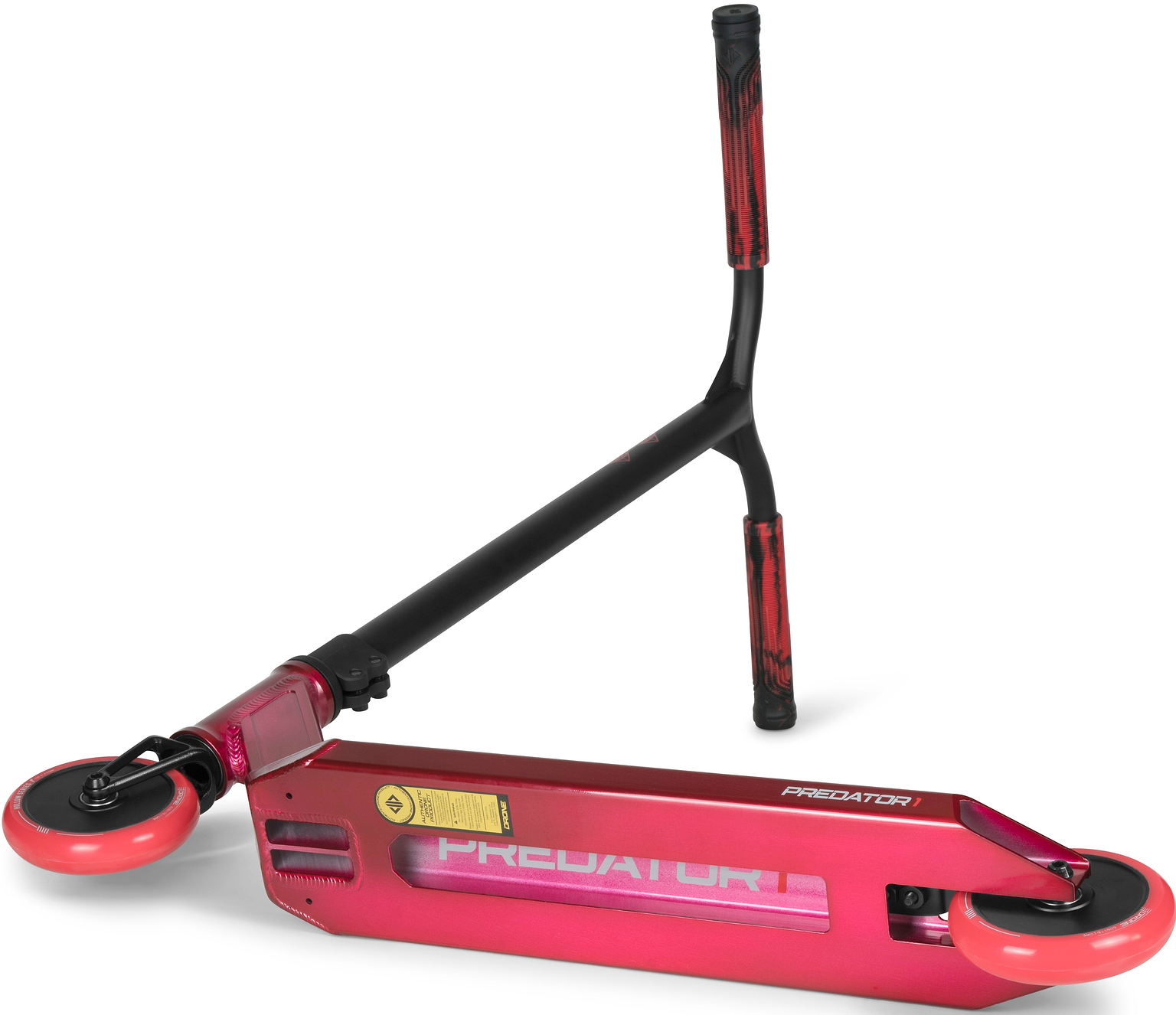 Drone Predator 1 Complete Stunt Scooter in red and black with black handlebars and pink wheels, designed for beginners.
