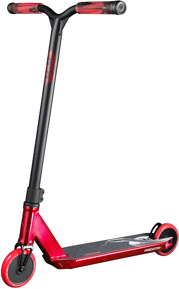 Drone Predator 1 Complete Stunt Scooter in black and red, featuring patterned grips, a tall handlebar, and a red deck with a black grip tape surface, perfect as a beginner stunt scooter.