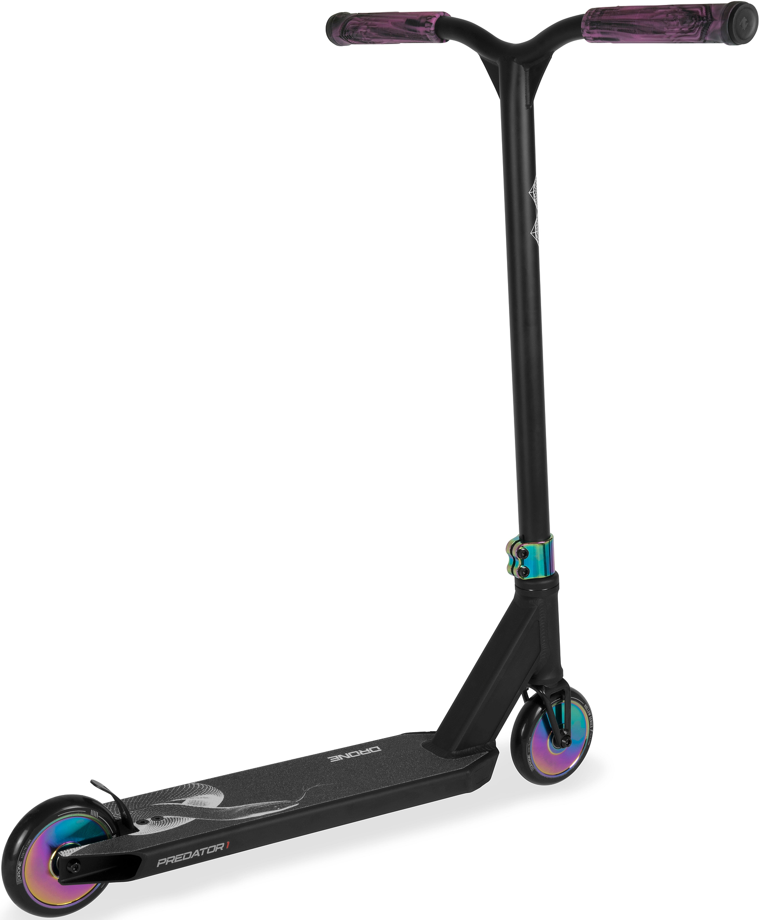 Drone Predator 1 Complete Stunt Scooter - Black / Neochrome with purple grips, iridescent metal accents, and rainbow-colored wheels.