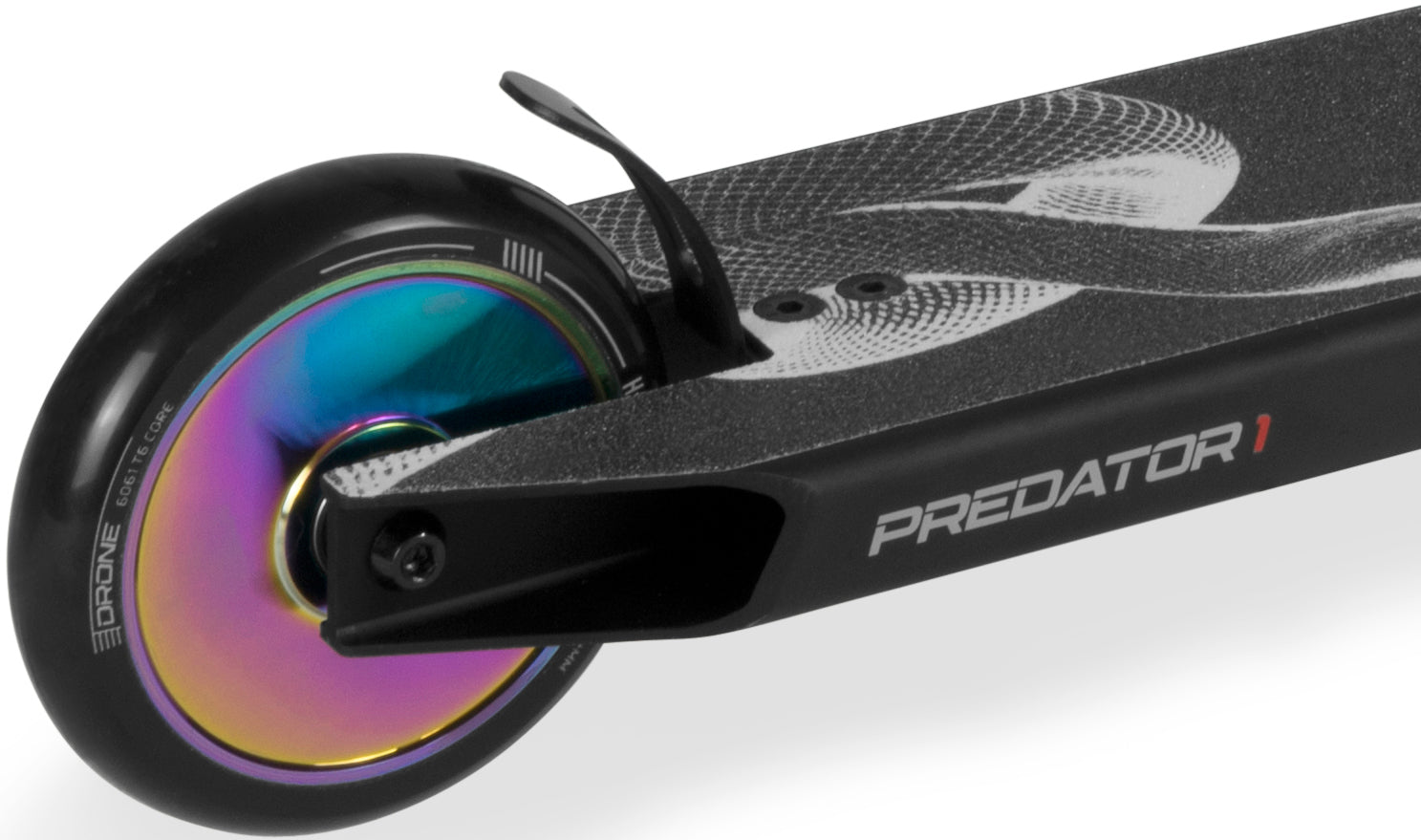Rear view of a Drone Predator 1 Complete Stunt Scooter - Black / Neochrome, featuring a black deck with a snake graphic and a neochrome wheel.