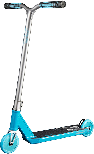 Drone Predator 1 Complete Stunt Scooter in cyan and silver, featuring blue marbled grips and a black deck, ideal for beginners.