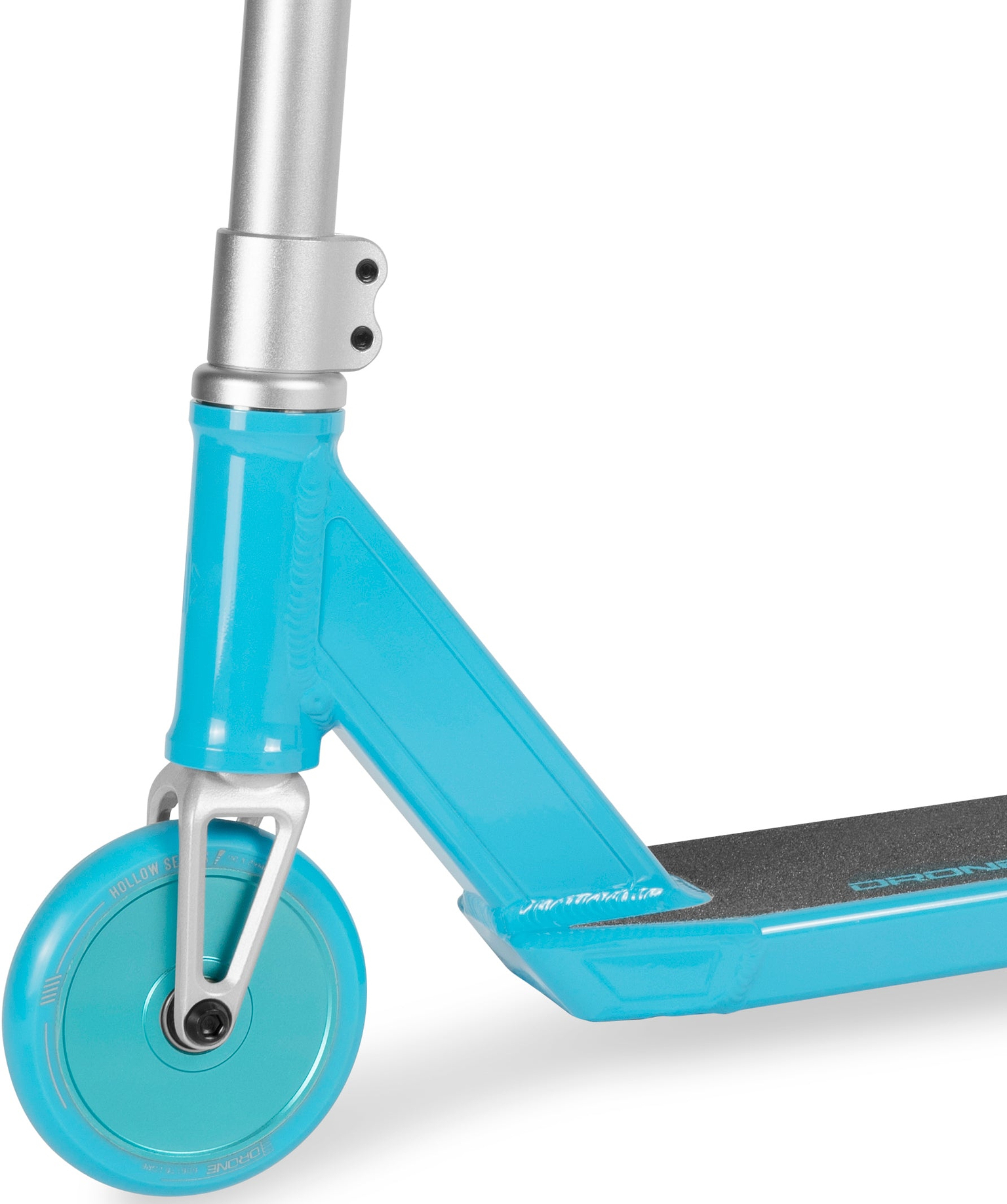 Cyan and silver Drone Predator 1 Complete Stunt Scooter showing the front wheel, head tube, and a portion of the deck on this beginner stunt scooter.