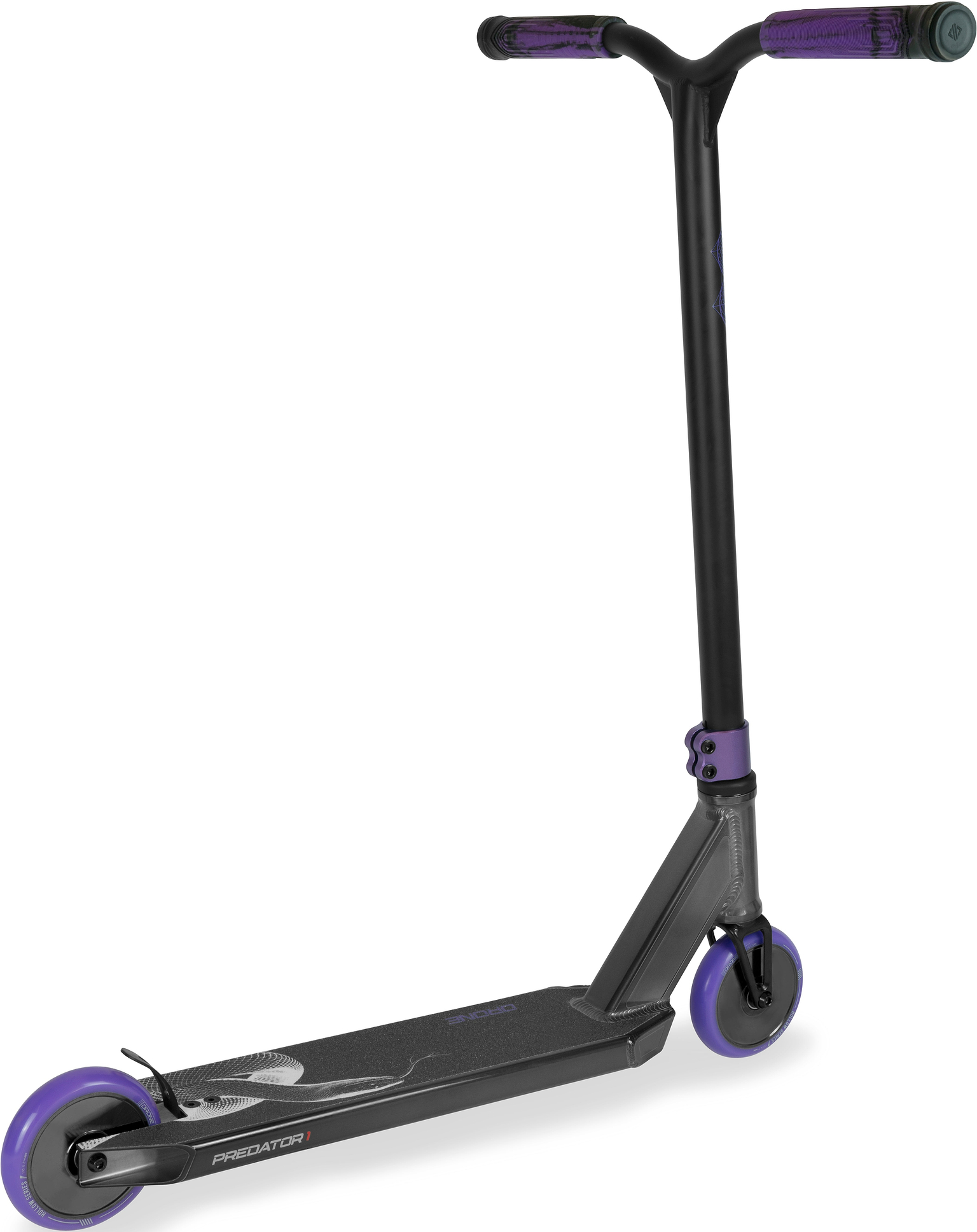 Drone Predator 1 Complete Stunt Scooter in smoked chrome and black with purple handle grips, clamps, and wheels, ideal for beginners.