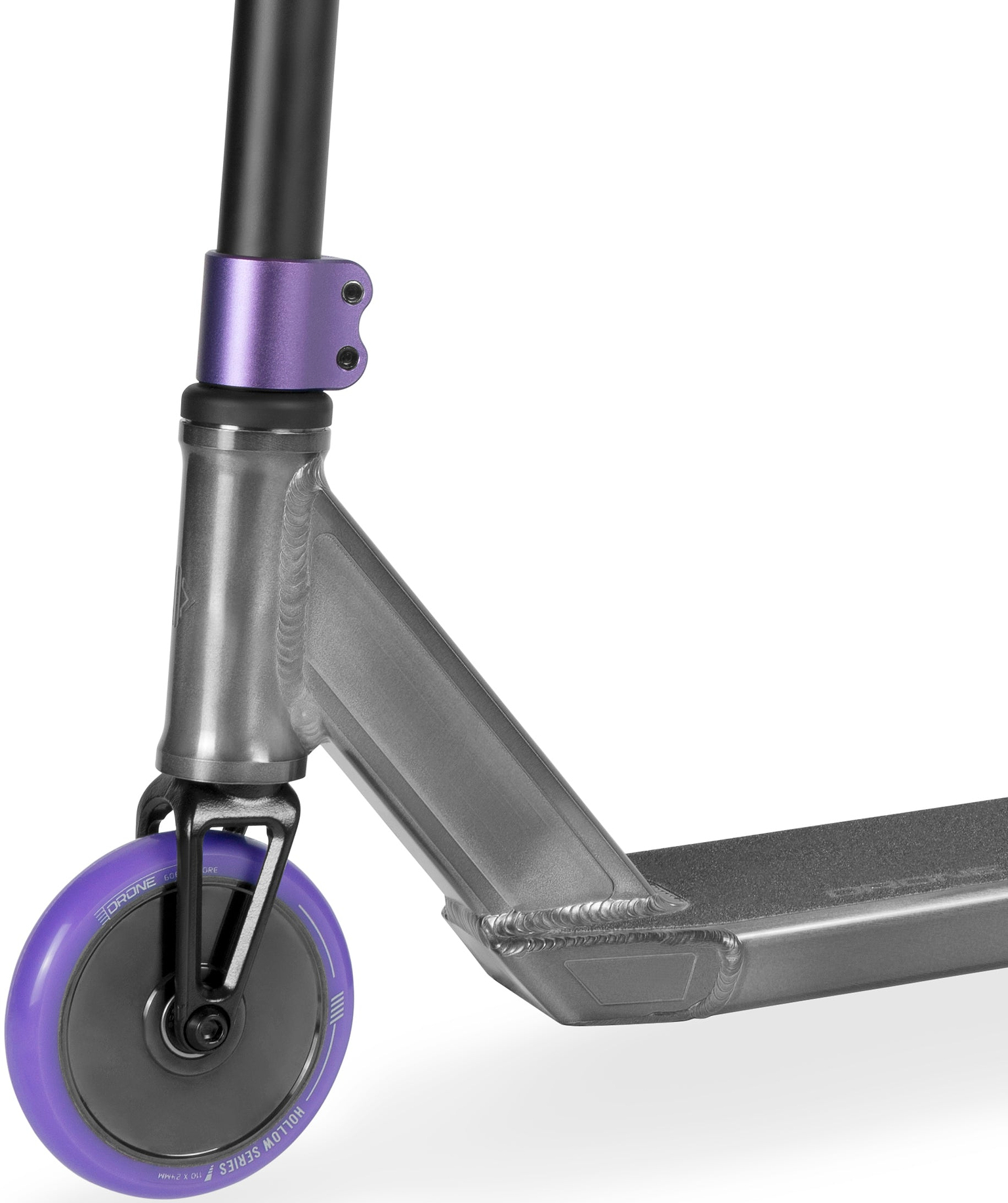 Close-up of a Drone Predator 1 Complete Stunt Scooter in smoked chrome, featuring a purple wheel and a purple clamp connecting the handlebars to the deck.