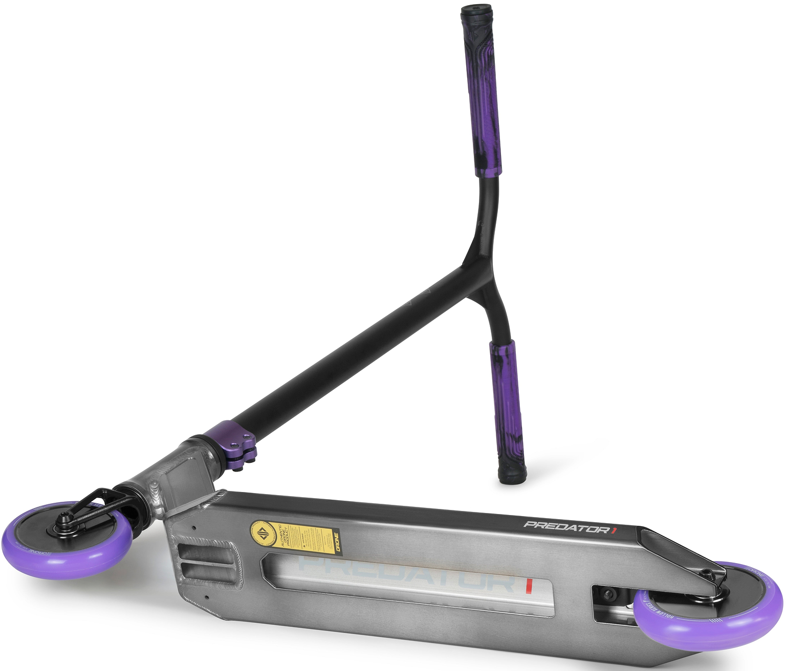 Drone Predator 1 Complete Stunt Scooter in smoked chrome with black handlebars, purple grips, and purple wheels.