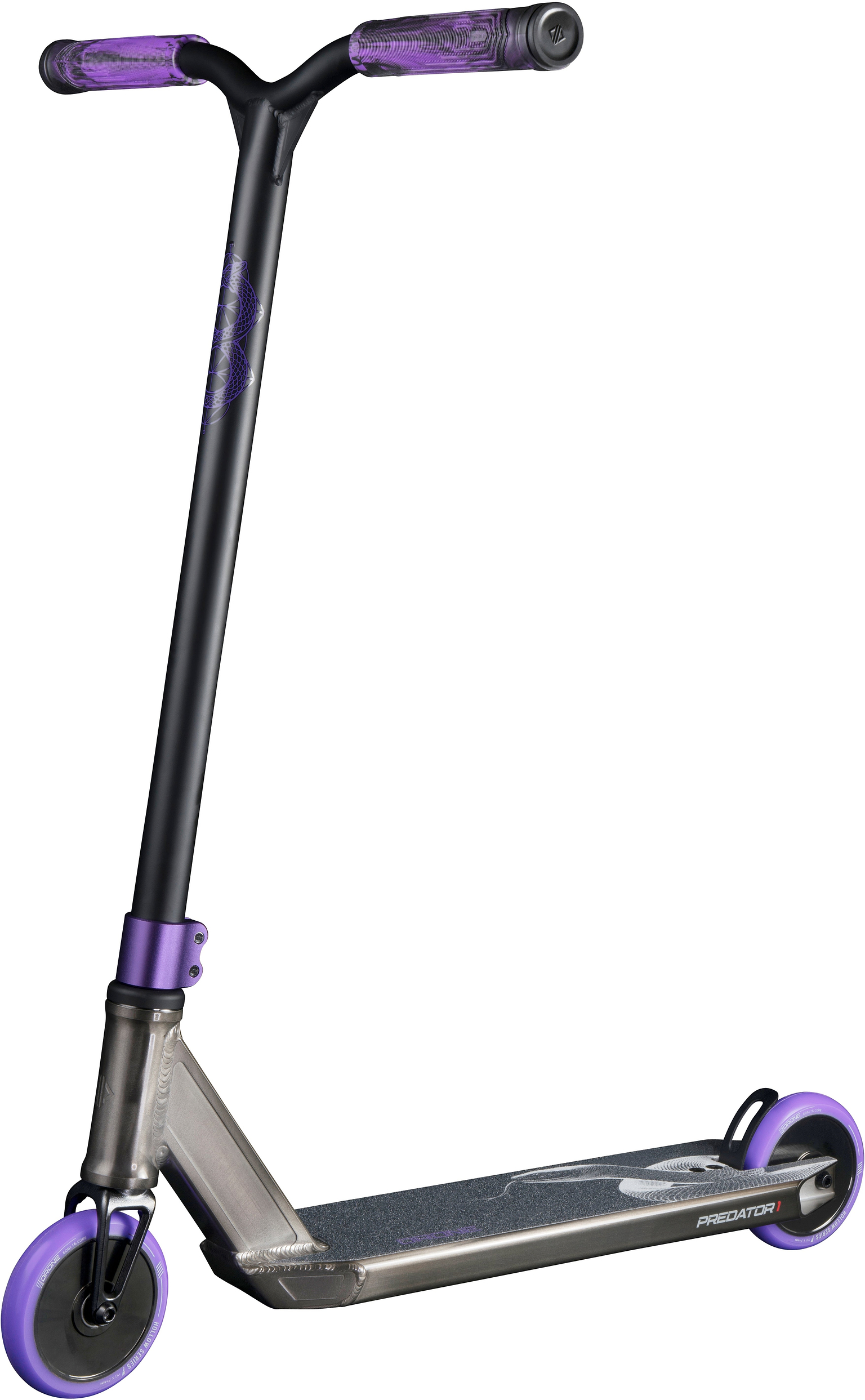 Drone Predator 1 Complete Stunt Scooter in smoked chrome and purple, featuring a chrome-finished deck, black handlebars, purple grips, and purple wheels.