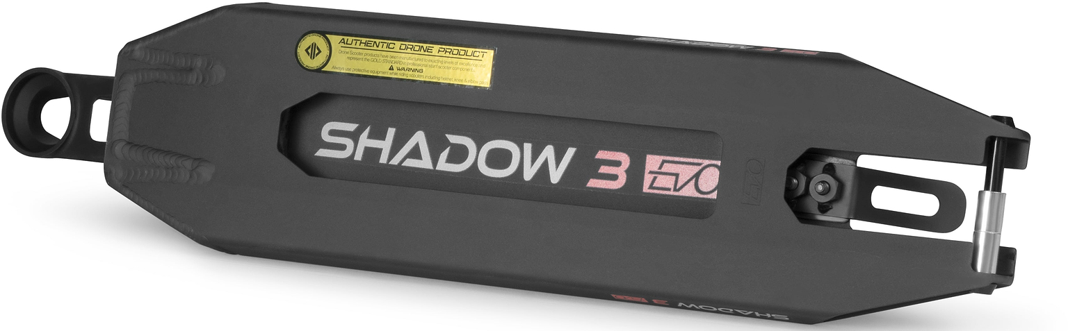 Black Drone Shadow 3 Evo Black Stunt Scooter Deck featuring the text “SHADOW 3 EVO” on the surface and an authentic product sticker near the headtube, designed as a feather-light park scooter deck.
