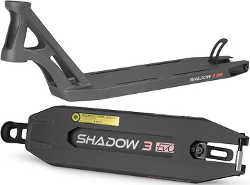 Two views of a black Drone Shadow 3 Evo Black Stunt Scooter Deck - 4.9″ x 19.2″ featuring the text “SHADOW 3 EVO” and an authentic product decal on its feather-light underside.