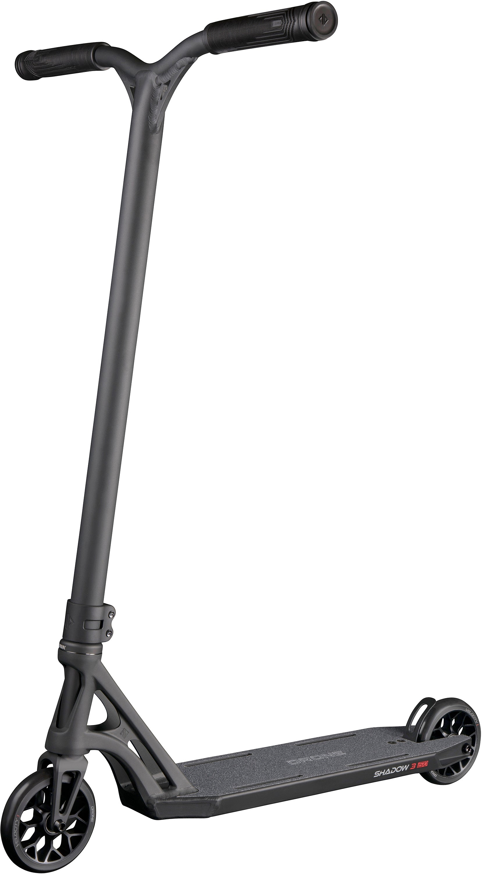 Drone Shadow 3 Evo Complete Stunt Scooter in black, featuring a T-bar handlebar, narrow deck, and spoked wheels.