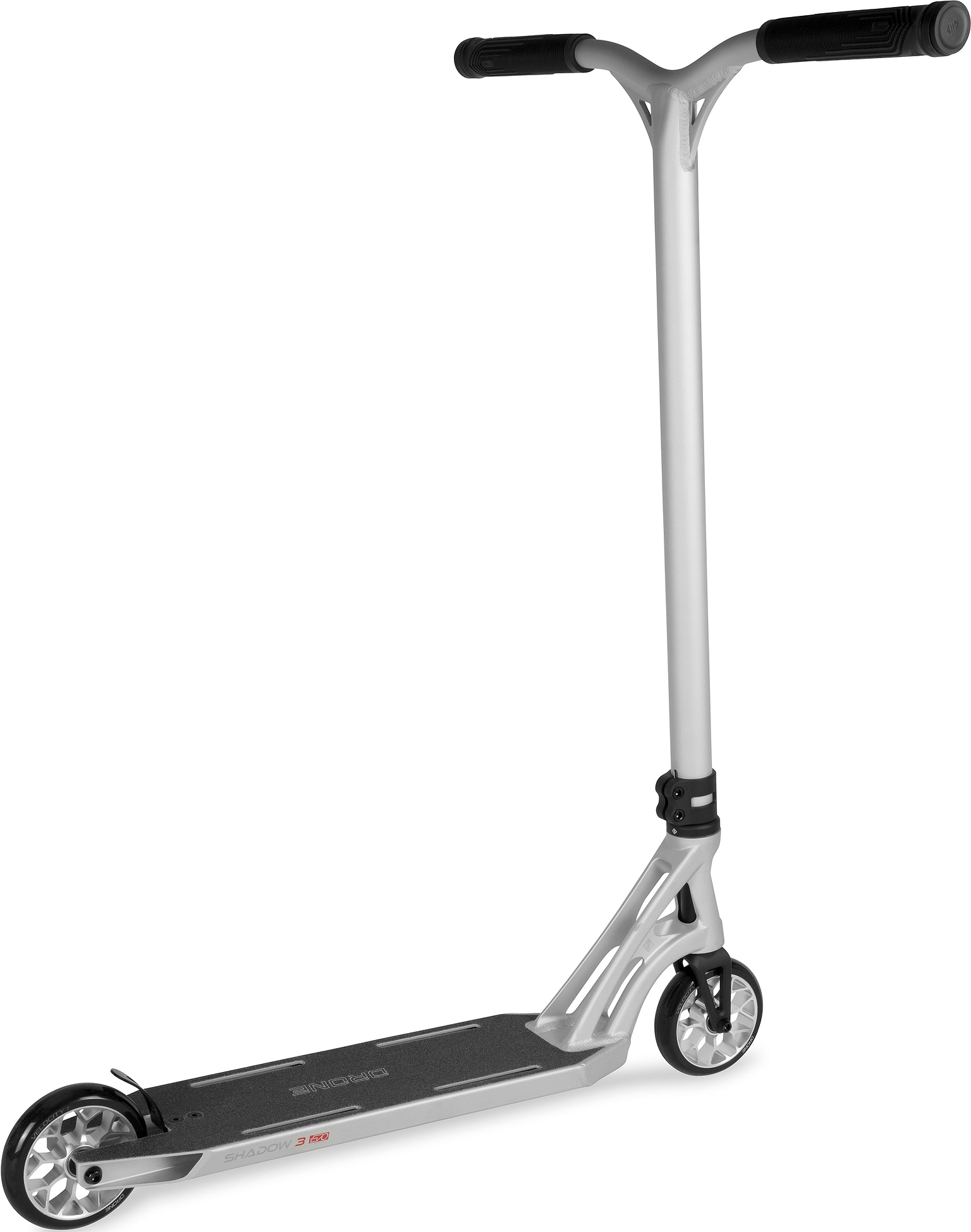 Drone Shadow 3 Evo Complete Stunt Scooter in silver, featuring black handle grips, a black grip-tape deck, spoked wheels, and a feather-light design.