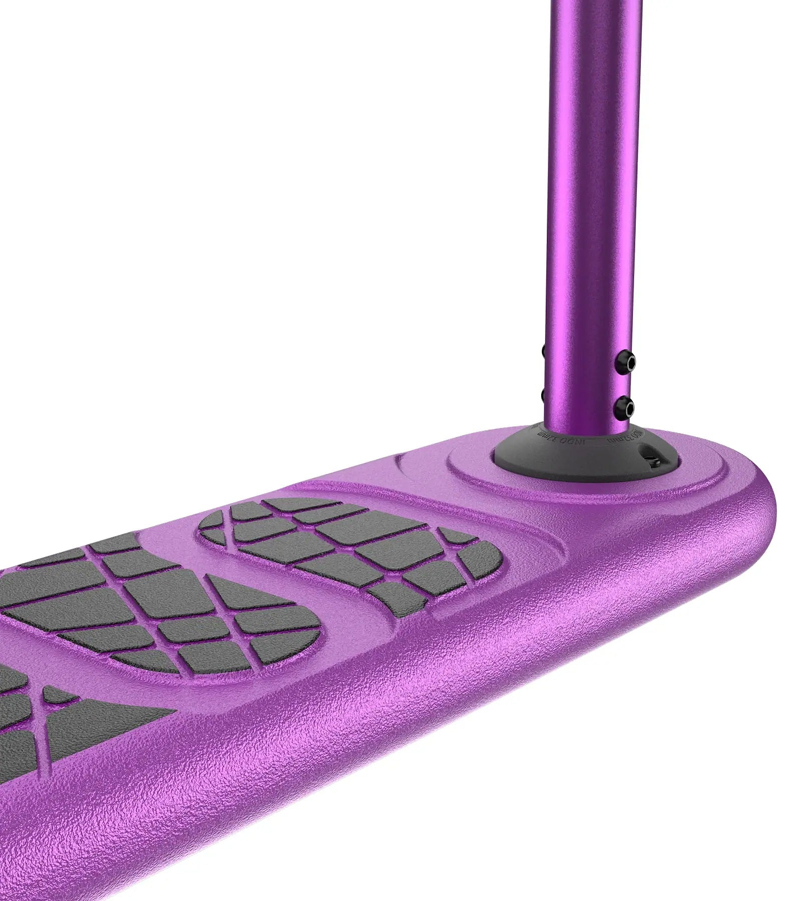 Close-up of the INDO Kickstart Voltage Complete Trampoline Stunt Scooter in purple, featuring a textured black foot deck and part of the purple handlebar stem.