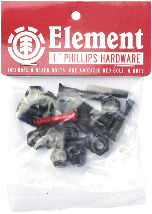A plastic bag labeled "Element Phillips Skateboard Bolts - Black 1" by Element contains eight black bolts, one anodized red bolt, and eight nuts—reliable hardware for your skateboard.