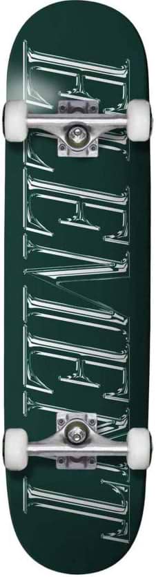 The Element Rodeo Rhythm Complete Skateboard (8.25" x 31.75") features a dark green deck with white wheels and trucks, plus "DENIED" in metallic, embossed letters across the top.