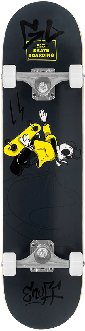 The Enuff Skully Black Mini Complete Skateboard - 7.25″ x 29.5″ features cartoon character art, bold black and yellow graphics, metal trucks, white wheels, and quality components—perfect for entry-level riders.