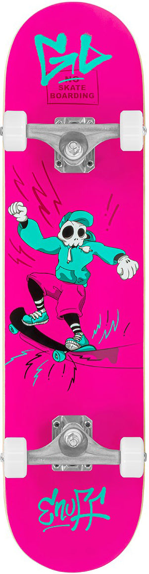 The Enuff Skully Pink Mini Complete Skateboard - 7.25″ x 29.5″ by Enuff features a cartoon skeleton in a teal hoodie doing tricks, graffiti “SKATE BOARDING” text, and is perfect for entry-level skaters!.