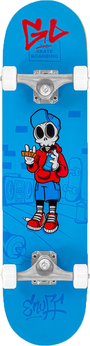Enuff Skully Blue Complete Skateboard - 7.75″ x 31.5″ in bright blue, featuring a cartoon graphic of a skull-headed character in a hoodie and cap, with white wheels and silver trucks.