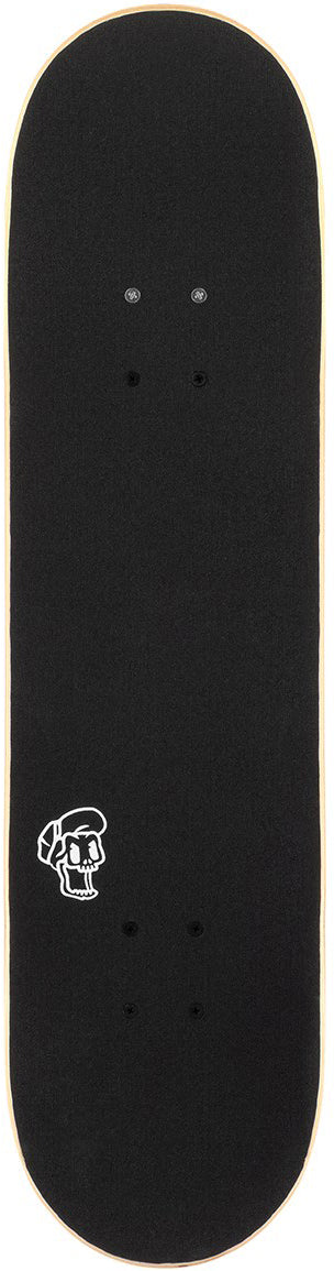 Top-down view of an Enuff Skully Blue Complete Skateboard - 7.75″ x 31.5″ featuring black grip tape with a small white skull graphic near the tail.