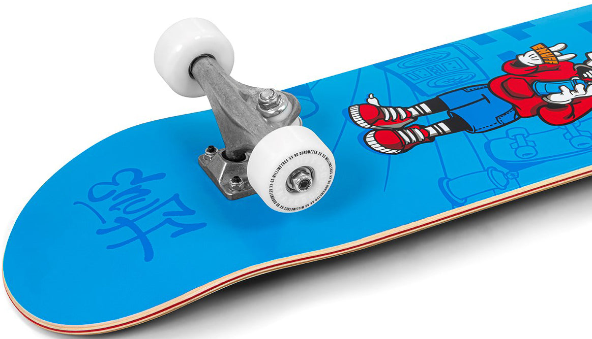 Enuff Skully Blue Complete Skateboard - 7.75″ x 31.5″ featuring a cartoon character wearing a red hoodie and white shoes, with silver trucks and white wheels.