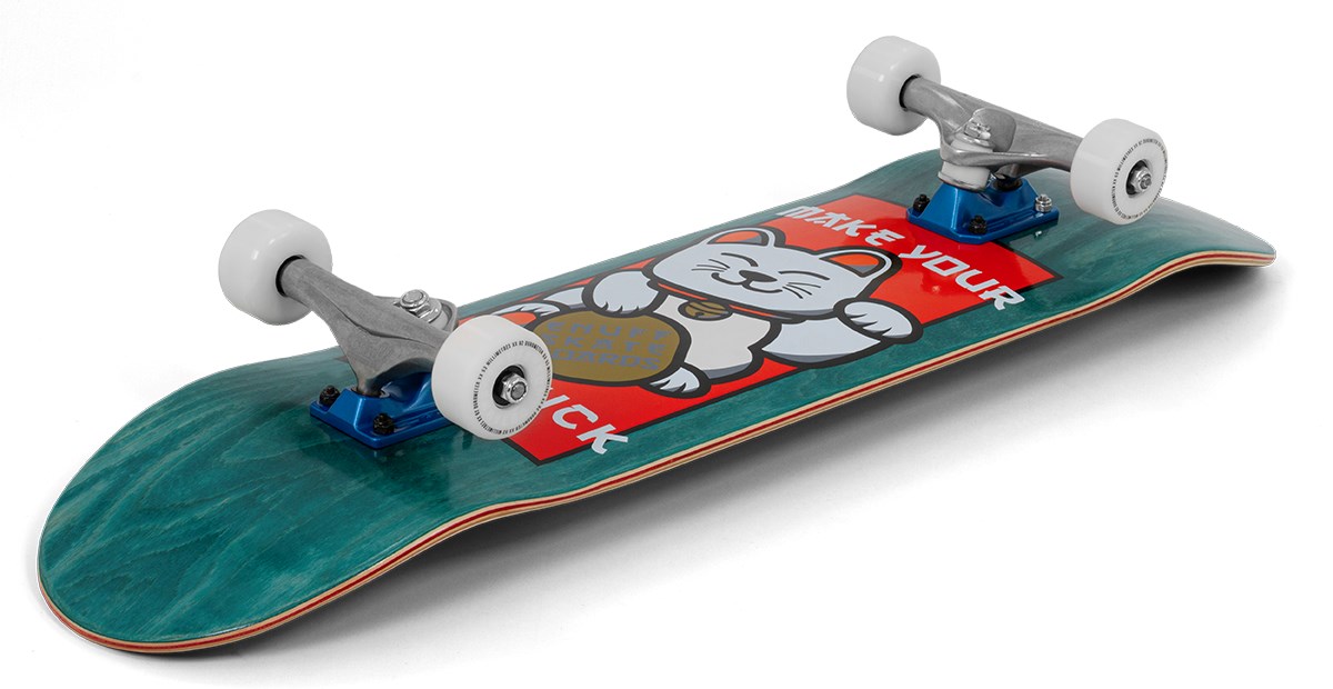 The Enuff Lucky Cat Green Complete Skateboard - 8″ x 32″ by Enuff is ideal for beginner skateboarders. It features white wheels and a green deck decorated with a cartoon lucky cat, a red banner, and the phrase “MAKE YOUR LUCK.” Designed for both street and park riding, this board comes with silver and blue trucks and showcases a stylish teal wood finish.