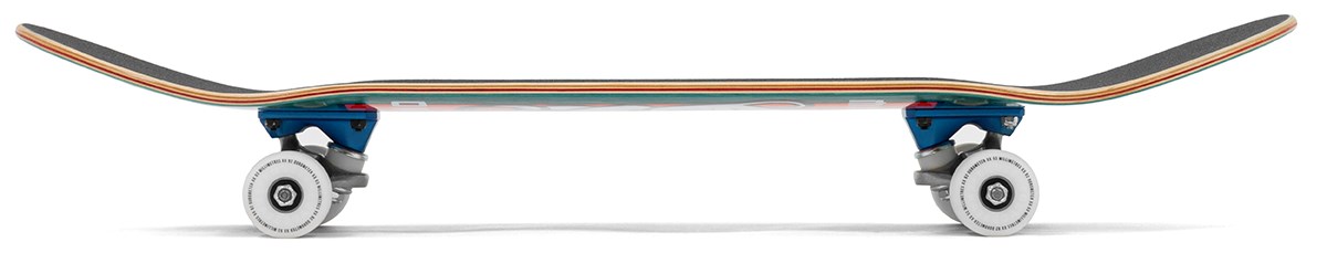 A side view of the Enuff Lucky Cat Green Complete Skateboard - 8″ x 32″ by Enuff, featuring white wheels, blue trucks, and a deck with multicolored stripes along the edge. Both ends of the deck are upwardly curved, making it an ideal beginner skateboard for both street and park skating.