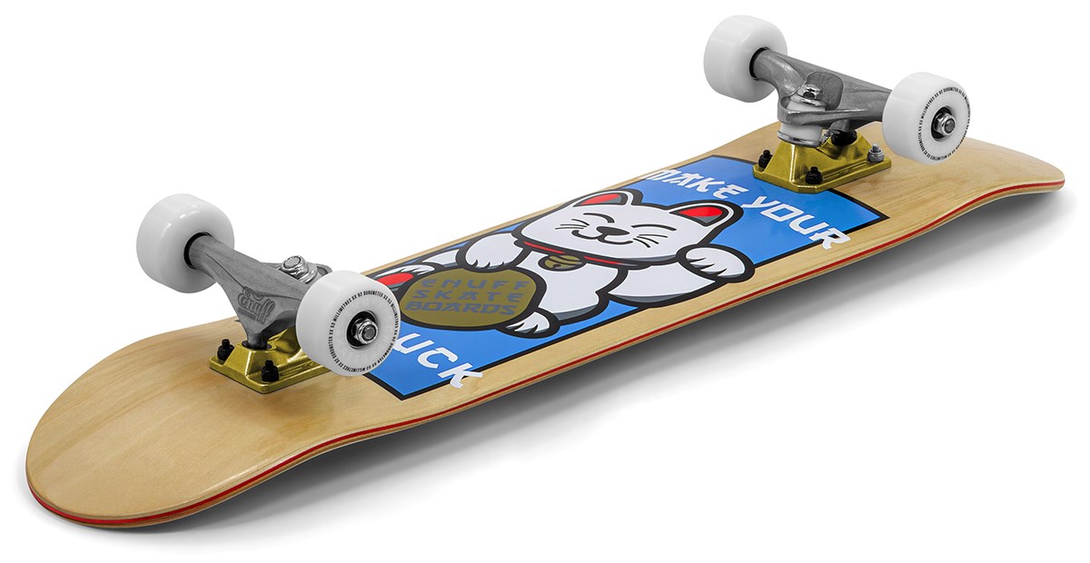 The Enuff Lucky Cat Natural Complete Skateboard 8.0" x 32" by Enuff features a natural wood finish, blue waving lucky cat graphic with "MAKE YOUR," white wheels, and metal trucks. Ideal for beginners in both street and park skating.