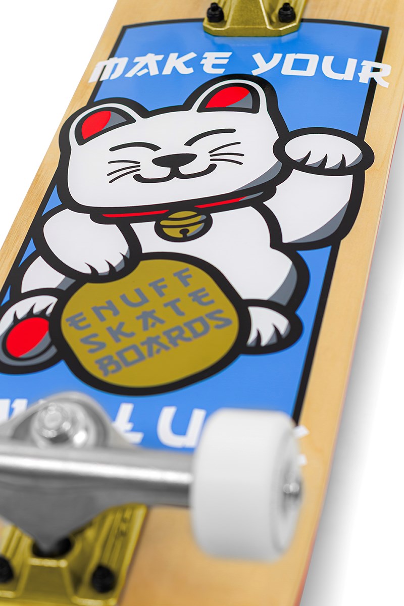 The Enuff Lucky Cat Natural Complete Skateboard (8.0" x 32") features a waving lucky cat graphic with a gold coin and "MAKE YOUR" above it, making it a stylish choice from Enuff for street or park skating.