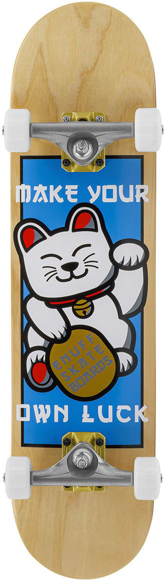 The Enuff Lucky Cat Natural Complete Skateboard - 8.0" x 32" by Enuff is ideal for beginners, featuring a waving white lucky cat with a gold coin on blue and "MAKE YOUR OWN LUCK" text—perfect for street or park skating.