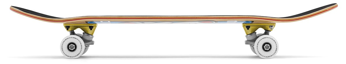 Side view of the Enuff Lucky Cat Natural Complete Skateboard - 8.0" x 32", designed for beginners, with a wooden deck, black grip tape, yellow trucks, and white wheels—ideal for street and park skating on a plain white background.