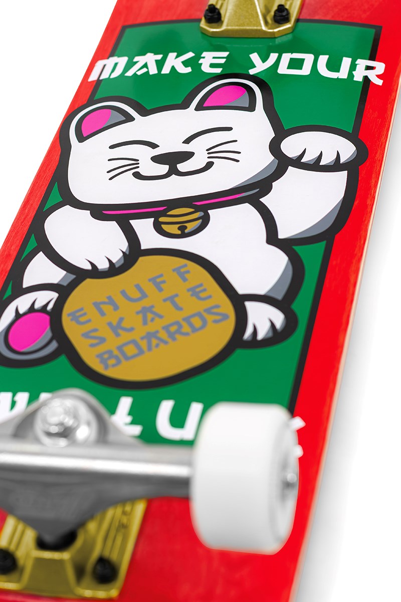 Close-up of the Enuff Lucky Cat Red Complete Skateboard (8.0" x 32") from Enuff, featuring a vibrant waving cat graphic, red border, white wheels, and "MAKE YOUR" text—ideal for both street and park skating.