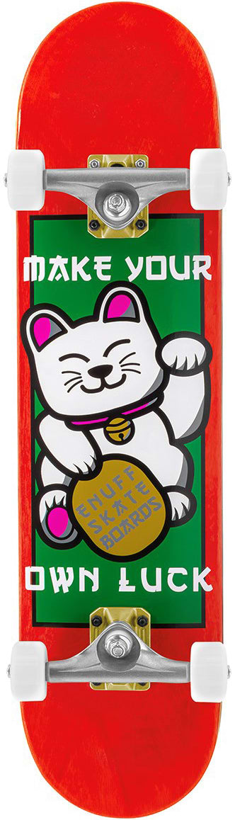 The Enuff Lucky Cat Red Complete Skateboard 8.0" x 32" features a waving white lucky cat on green with “Make Your Own Luck” text—perfect for street and park skating.