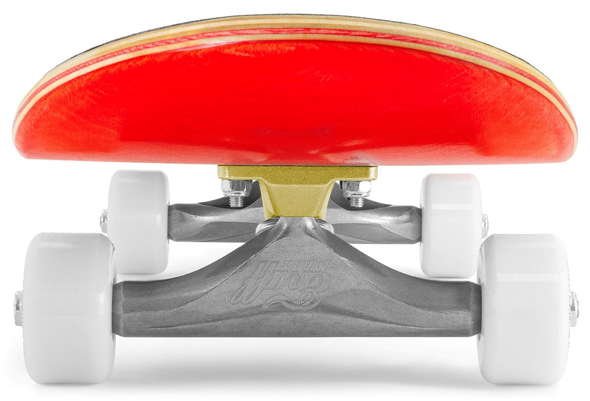 Front view of the Enuff Lucky Cat Red Complete Skateboard (8.0" x 32") by Enuff, featuring white wheels, silver trucks, and a red underside—ideal for street or park skating and perfect for beginners.