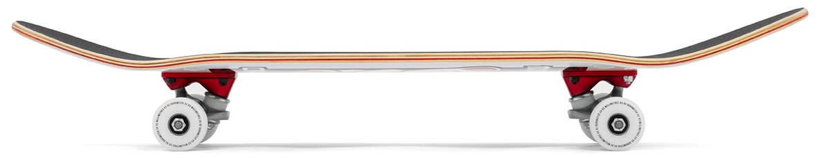 Side view of the Enuff Lucky Cat White Complete Skateboard - 8″ x 32″, featuring a natural wood-colored deck, red trucks, and white wheels, displayed on a white background. Both the nose and tail are angled upward, making this Enuff skateboard an excellent choice for beginners interested in street or park skating.