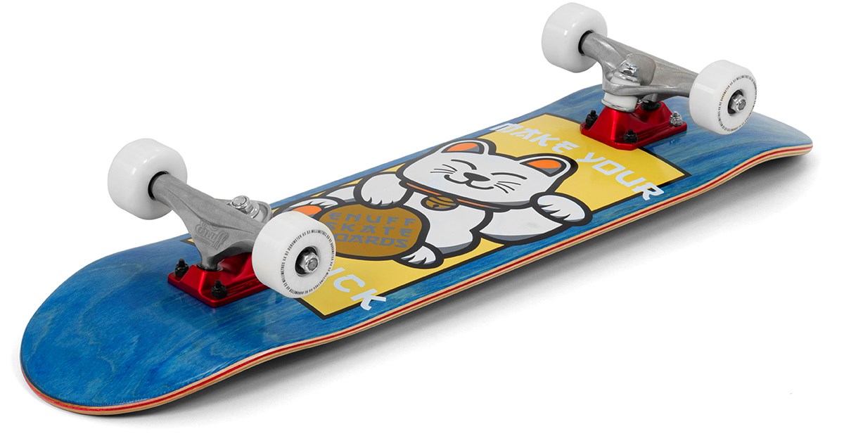 The Enuff Lucky Cat Mini Blue Complete Skateboard (7.25″ x 29.5″) features white wheels and a playful graphic of a waving white lucky cat with yellow text on the deck. Ideal as a beginner or kids’ mini skateboard, the grip tape is not visible in the product image.