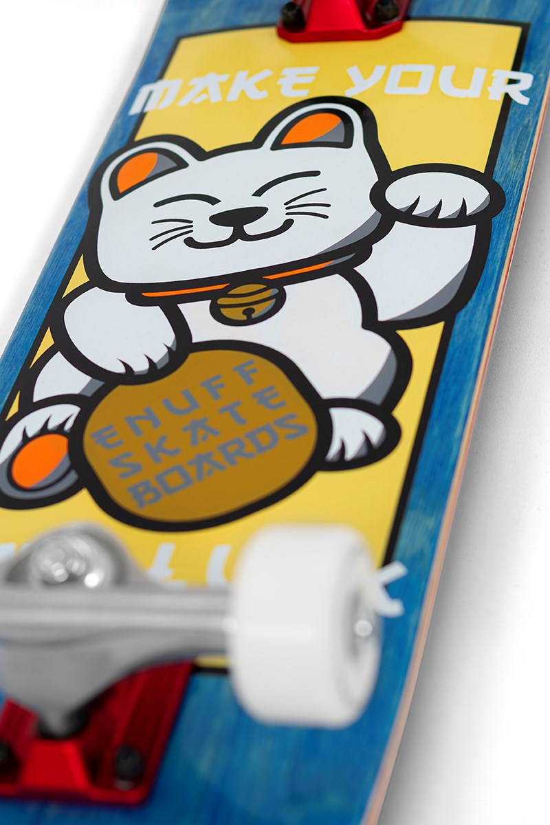 The Enuff Lucky Cat Mini Blue Complete Skateboard - 7.25″ x 29.5″ by Enuff features a blue-bordered deck with a lucky cat illustration holding a gold coin that reads “Enuff Skateboards.” Equipped with red hardware and white wheels, this mini complete skateboard is perfect for kids and young beginners just starting to ride.