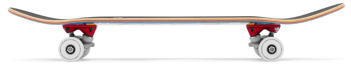 Side view of the Enuff Lucky Cat Mini Blue Complete Skateboard - 7.25″ x 29.5″ by Enuff, featuring a multi-layered deck with colorful artwork along the edge, red trucks, and white wheels on a white background. This mini skateboard for kids is an excellent choice for beginner skateboard enthusiasts.