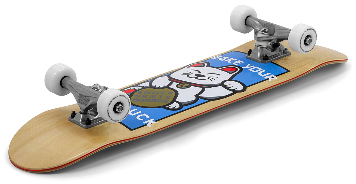 The Enuff Lucky Cat Mini Natural Complete Skateboard (7.25" x 29.5") features a vibrant waving lucky cat graphic on its wooden deck with white wheels—a perfect kids skateboard for beginner riders from Enuff.