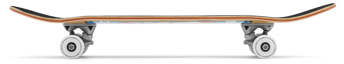 Side view of the Enuff Lucky Cat Mini Natural Complete Skateboard - 7.25" x 29.5" by Enuff, showing the deck, trucks, white wheels, and upturned nose and tail—a great beginner kids skateboard.