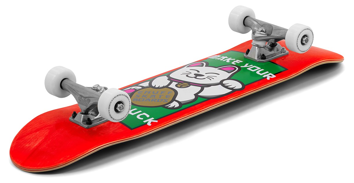 The Enuff Lucky Cat Mini Red Complete Skateboard (7.25" x 29.5") features white wheels, silver trucks, and a waving cartoon lucky cat graphic with "MAKE YOUR LUCK"—a fun beginner skateboard for kids from Enuff.