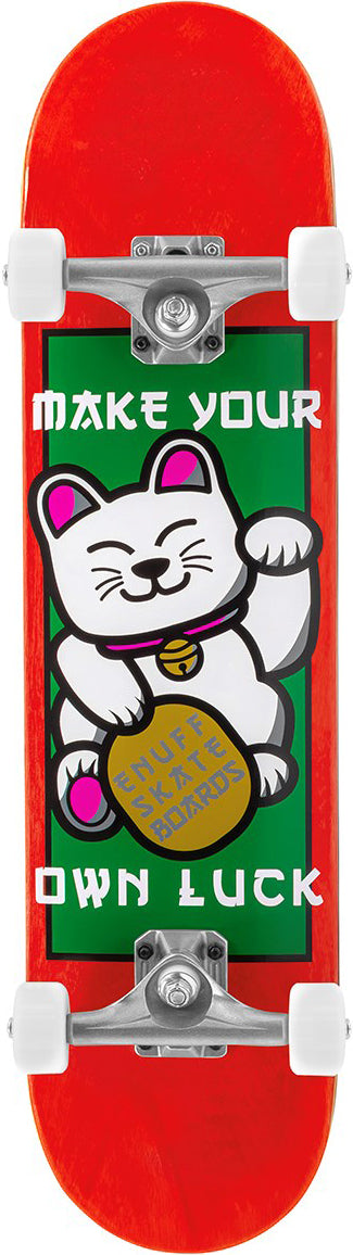 The Enuff Lucky Cat Mini Red Complete Skateboard (7.25" x 29.5") features a waving white lucky cat on a green background with a gold coin and "MAKE YOUR OWN LUCK" text. Great for kids or beginners. Brand: Enuff.