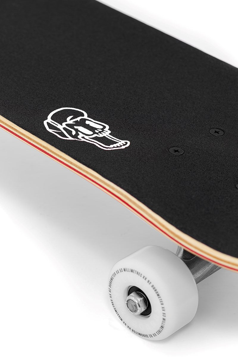 Close-up of the Enuff Lucky Cat Mini Red Complete Skateboard (7.25" x 29.5") by Enuff, featuring black grip tape with a white graphic, layered wooden deck, and white wheels—ideal for beginners.