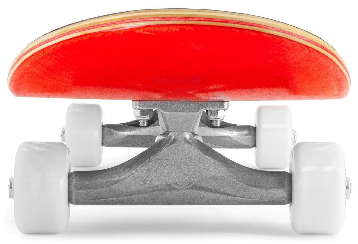 Close-up of the underside of the Enuff Lucky Cat Mini Red Complete Skateboard (7.25" x 29.5") featuring a red deck, silver trucks, and white wheels—ideal for kids and fans of Enuff skateboards.