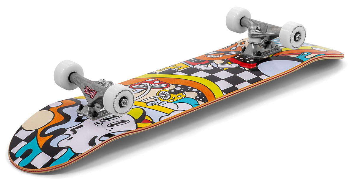 The Enuff Meltworld Mini Confused Complete Skateboard (7.25" x 29.5") features a vibrant cartoon mushroom and abstract graphic deck with white wheels and trucks, perfect for kids who love colorful designs.