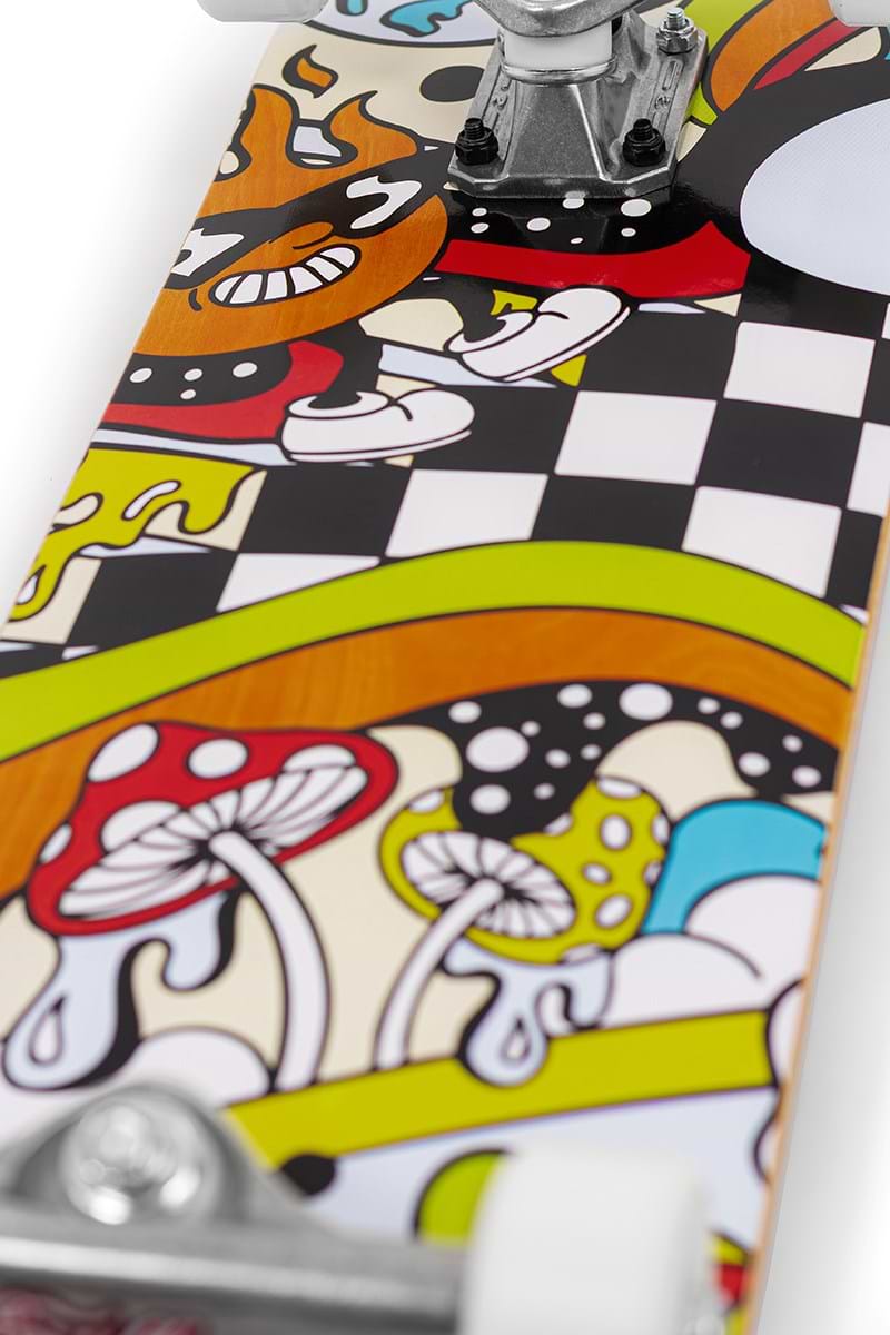 The Enuff Meltworld Mini Confused Complete Skateboard (7.25" x 29.5") features bold cartoon graphics of flaming pizza, mushrooms, drips, clouds, and a checkerboard pattern—making it a fun, eye-catching choice for kids from Enuff.