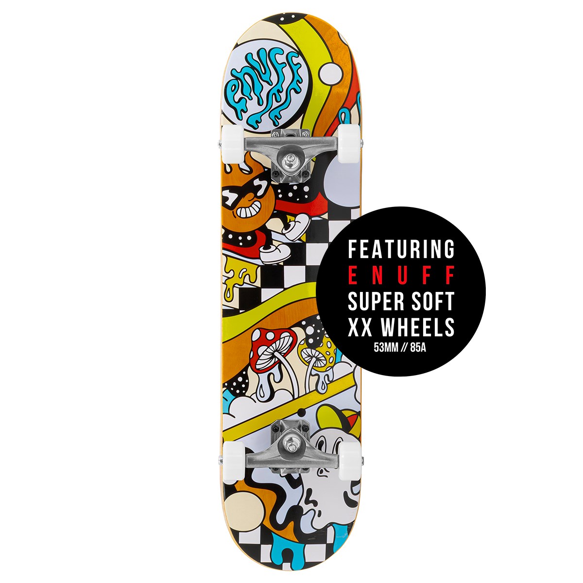 The Enuff Meltworld Mini Confused Complete Skateboard (7.25" x 29.5") features a vibrant psychedelic design with mushrooms and checkered patterns, plus Enuff XX super soft 53mm/85A wheels—perfect for young riders.