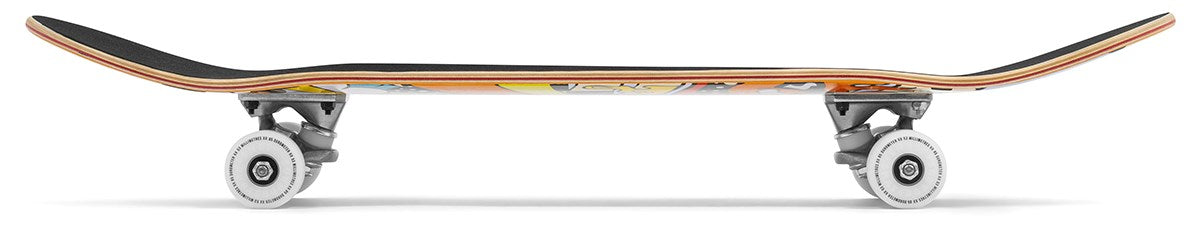 A side view of the Enuff Meltworld Mini Confused Complete Skateboard (7.25" x 29.5") by Enuff, featuring white wheels, silver trucks, and a vibrant underside graphic, shown against a white background.