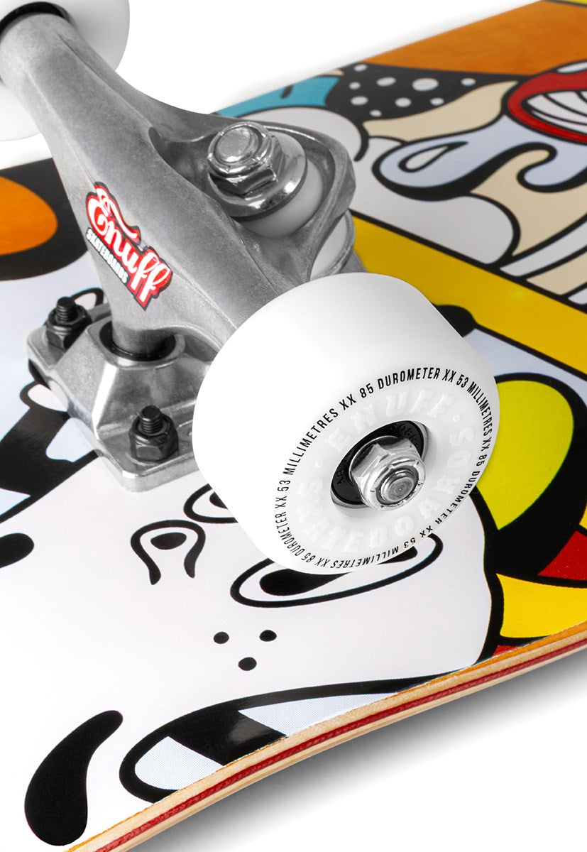 Close-up of the Enuff Meltworld Mini Confused Complete Skateboard (7.25" x 29.5") with wheel and truck mounted on a vibrant, abstract deck—bold graphic art makes it ideal as a stylish kids skateboard.